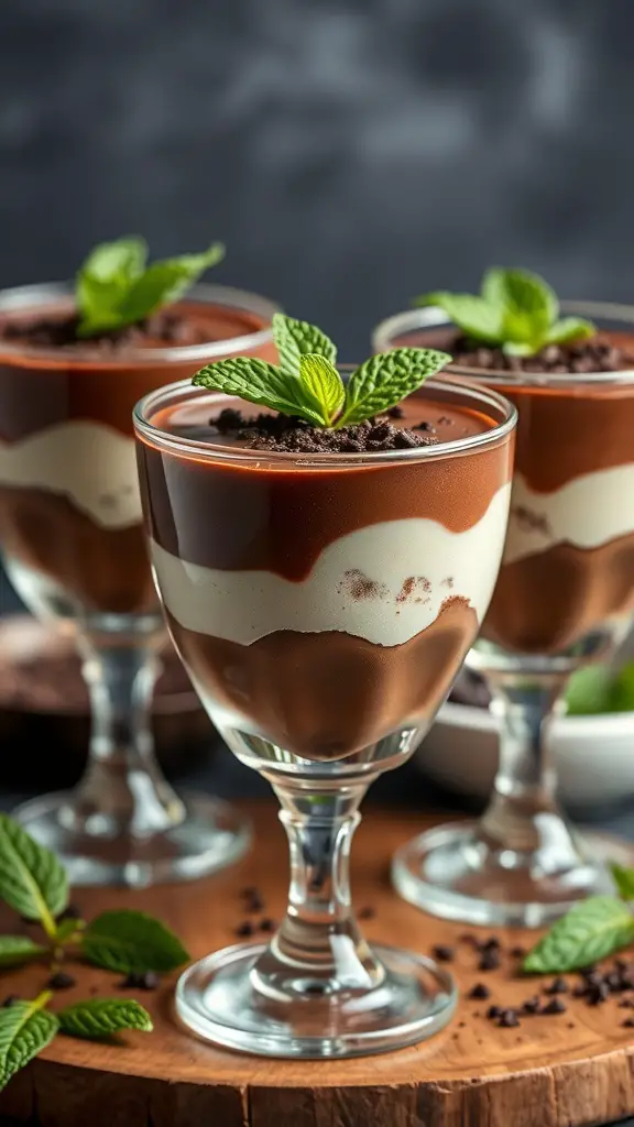 Mint chocolate layered dessert in clear glasses with mint leaves on top
