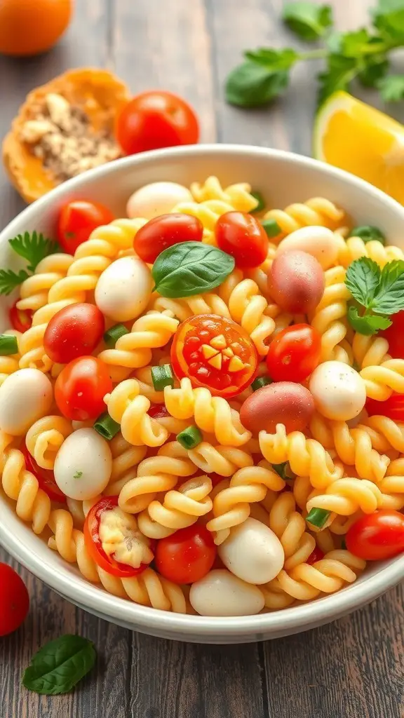 A colorful bowl of Easter Egg Pasta Salad with rotini pasta, cherry tomatoes, and mozzarella balls.