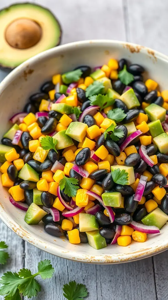 A bowl of avocado and black bean salad with corn, diced peppers, and cilantro.