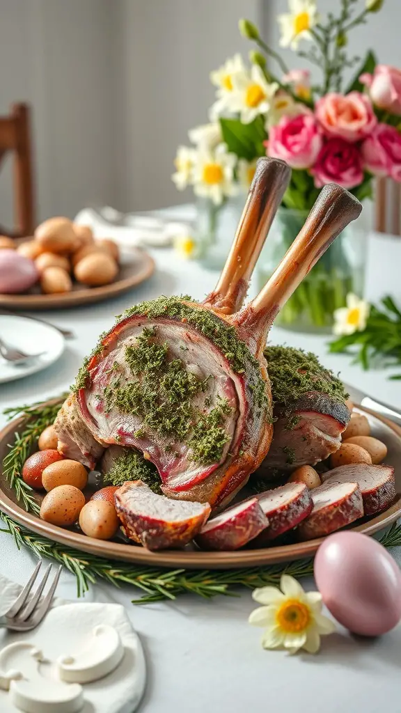 A beautifully presented herb-crusted rack of lamb on a platter, surrounded by small potatoes and flowers.