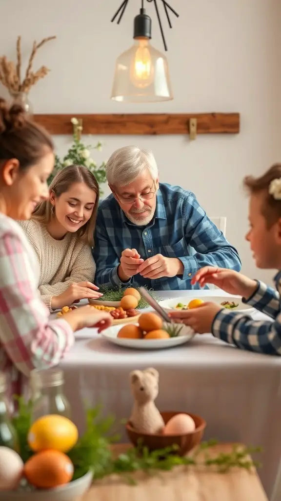 A family gathering around a table, decorating Easter eggs together.