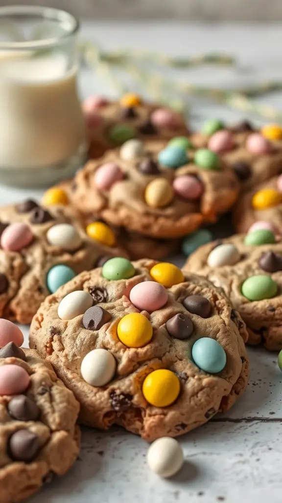 Colorful chocolate chip cookies with pastel candies on top, next to a glass of milk.