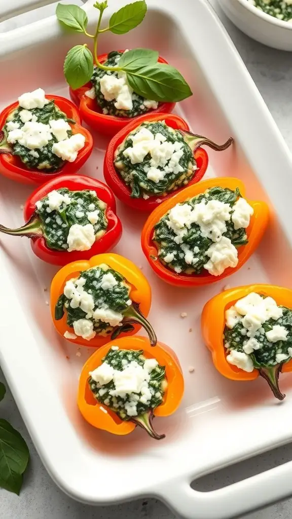 Colorful mini peppers stuffed with spinach and feta cheese, arranged in a white dish.