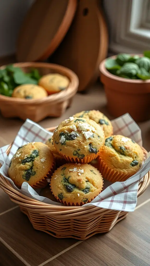 A basket of freshly baked savory spinach and feta muffins.