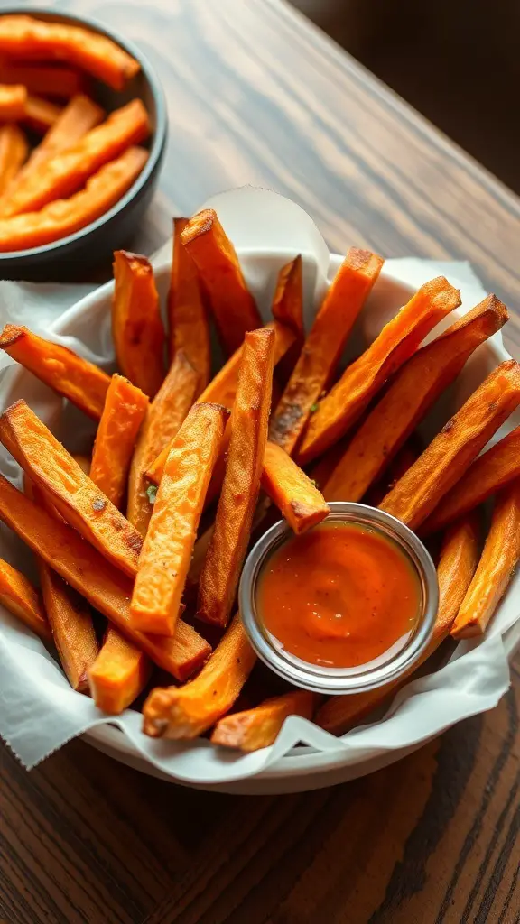 A basket of crispy sweet potato fries with a small bowl of dipping sauce