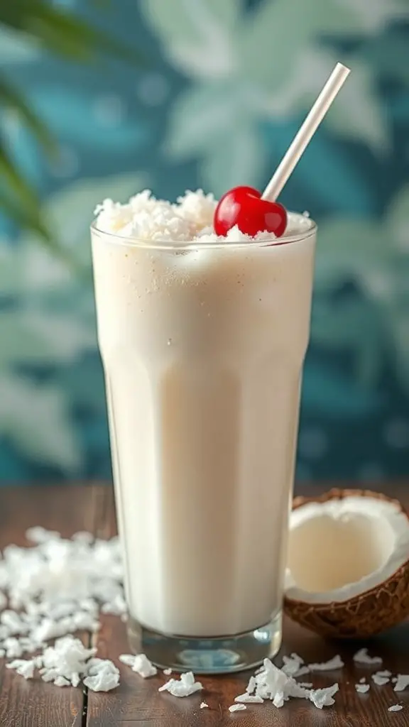 A glass of Vanilla Coconut Cream Soda topped with a cherry and coconut flakes