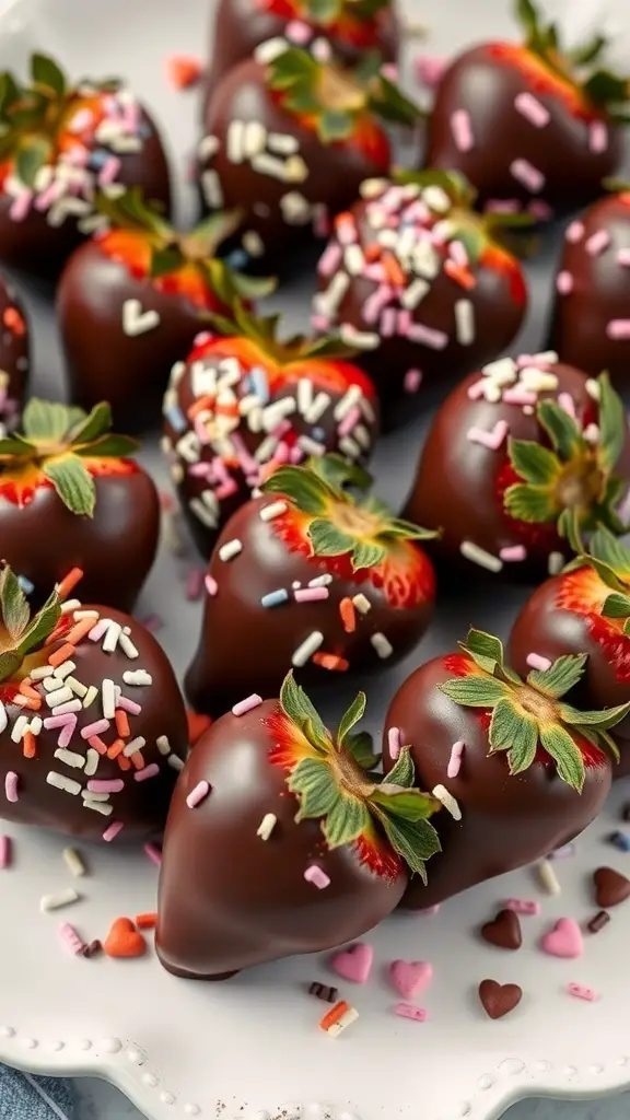 Chocolate-covered strawberries decorated with heart sprinkles on a white plate.