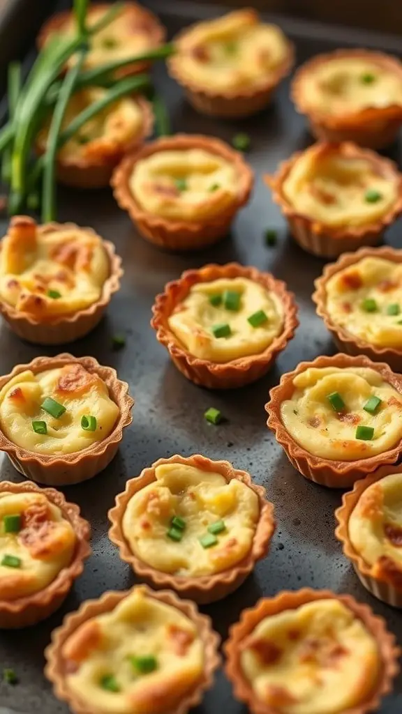 A tray of Mini Quiche Lorraine Bites with green onions on top
