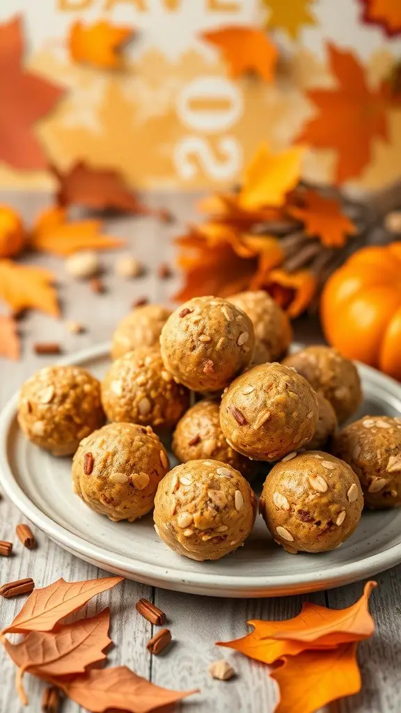 A plate of pumpkin spice energy bites surrounded by autumn leaves and a pumpkin.