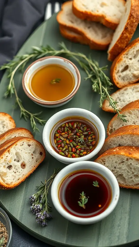 A green charcuterie board featuring slices of bread and three bowls of herbal infused oils.