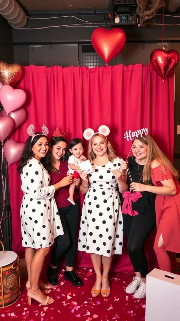 Group of friends enjoying a photo booth at a Galentine's dinner party with heart-shaped decorations.