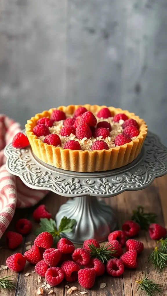 A Raspberry Almond Flour Tart on a decorative stand, surrounded by fresh raspberries.