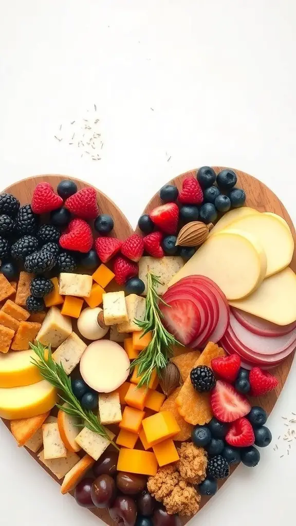 A heart-shaped charcuterie board filled with fruits, cheeses, and nuts.