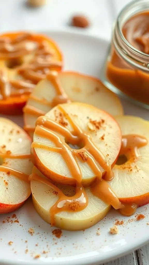 A plate of apple slices drizzled with almond butter and sprinkled with cinnamon.