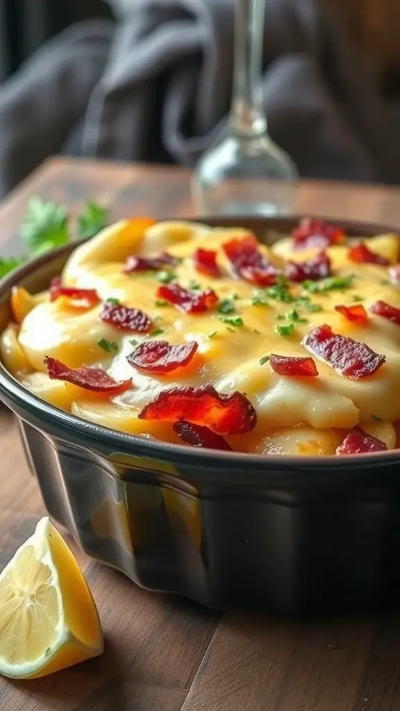 A delicious tartiflette dish with bacon and cheese, baked to perfection.