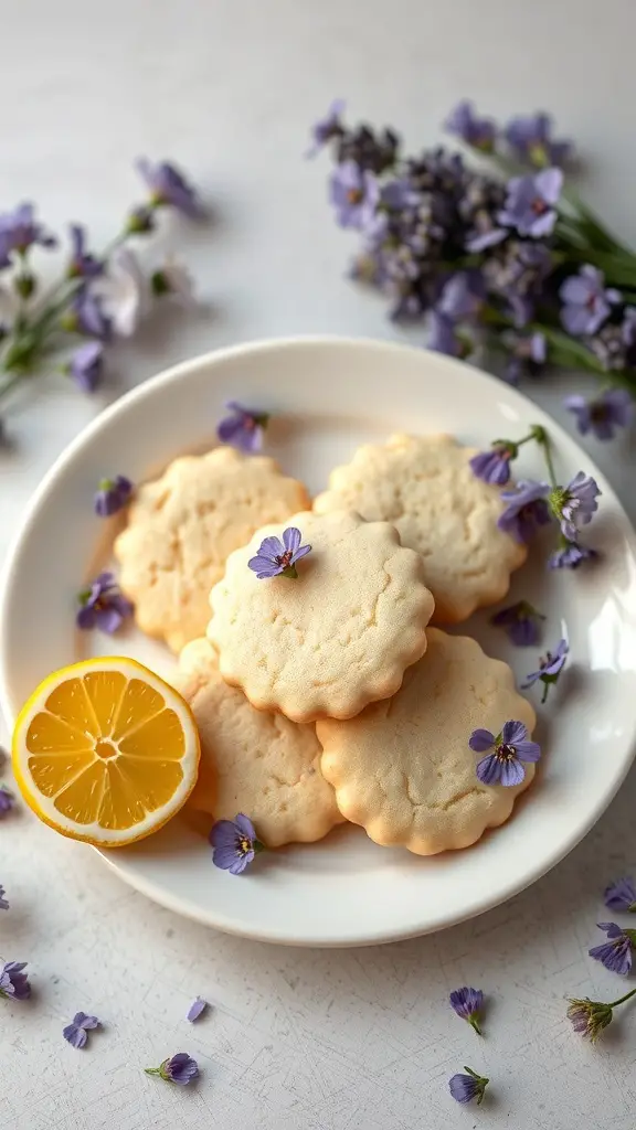 A plate of lemon lavender sugar cookies with a lemon slice and purple flowers