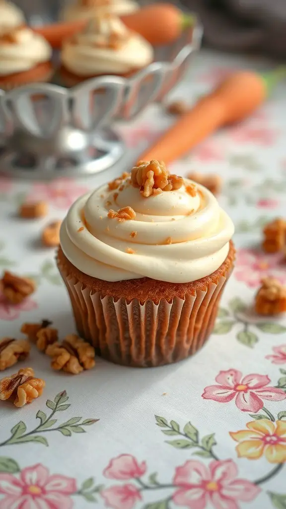 Carrot cake cupcake with cream cheese frosting and walnuts on top