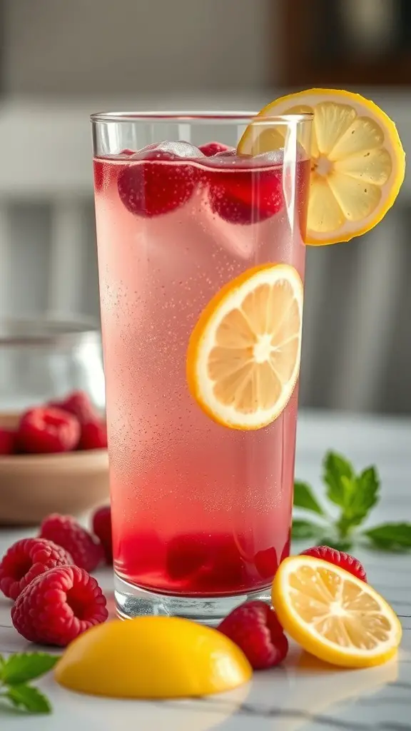 A refreshing glass of Raspberry Lemonade Sparkler with lemon slices and fresh raspberries