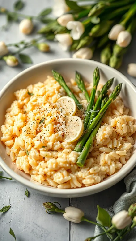 A bowl of creamy asparagus risotto with lemon slices and asparagus spears, surrounded by fresh flowers.