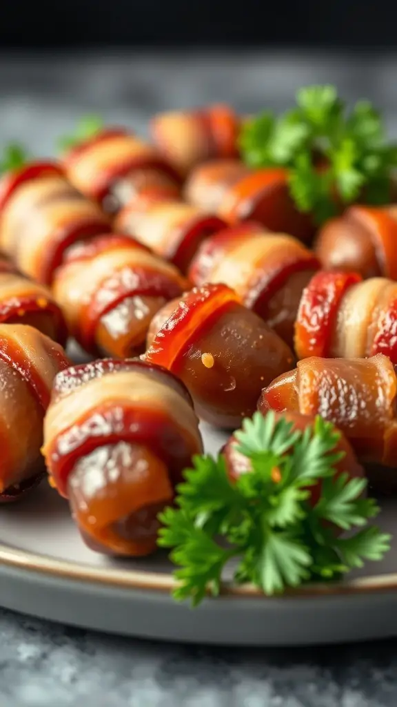A plate of bacon-wrapped dates garnished with parsley