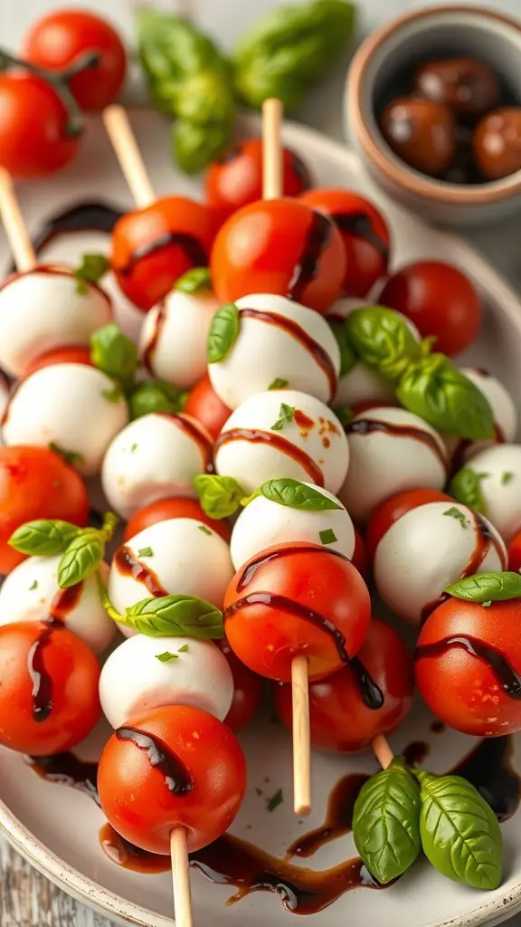 A plate of mini Caprese skewers with cherry tomatoes, mozzarella balls, and basil drizzled with balsamic glaze.