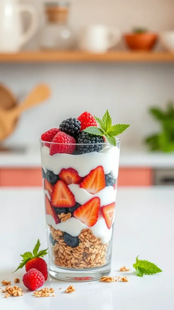 A delicious berry and yogurt parfait with layers of yogurt, granola, and fresh berries.