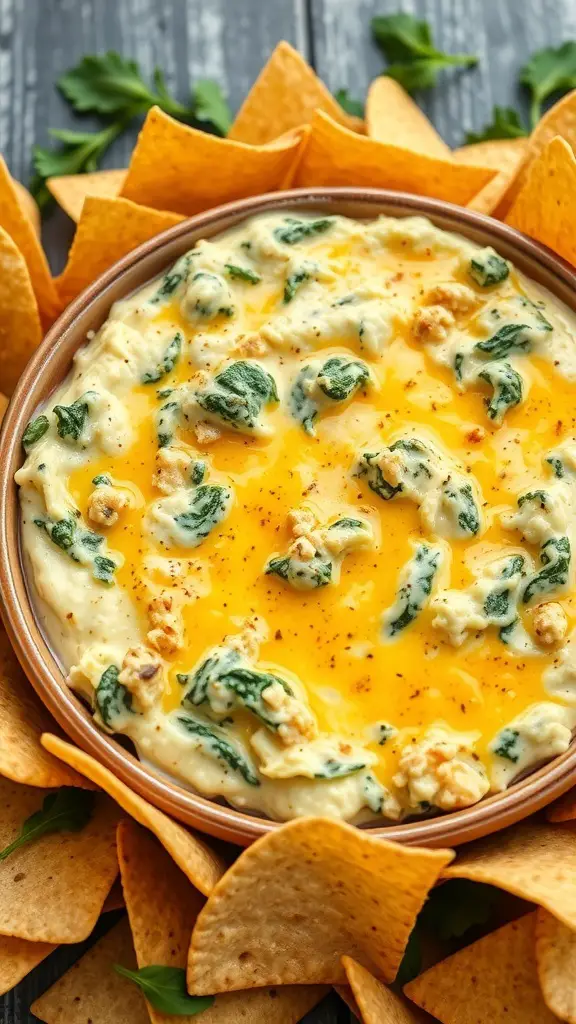 A bowl of cheesy spinach artichoke dip surrounded by tortilla chips