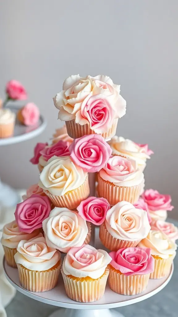 A display of floral ombre cupcakes with pink and white buttercream roses.