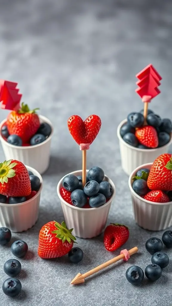 Fruit cups with strawberries and blueberries, decorated with heart and arrow picks.