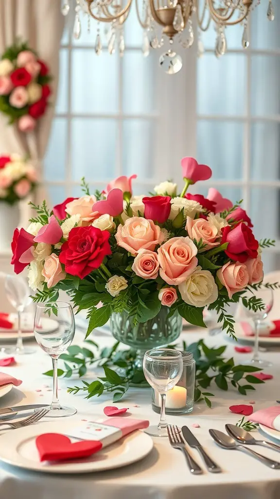 A beautifully arranged table centerpiece featuring roses and heart decorations for a Galentine's dinner party.