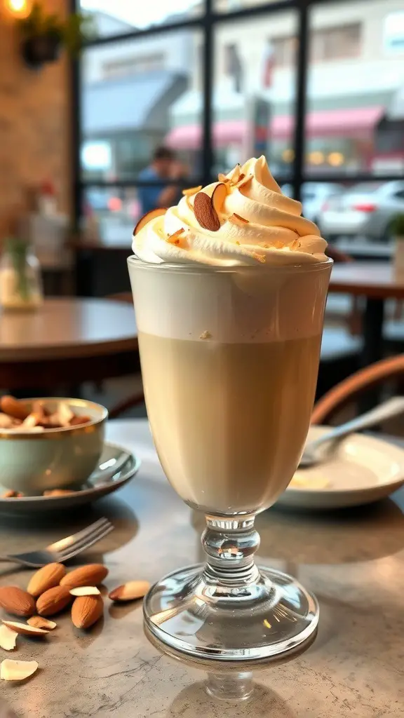 A glass of Vanilla Almond Delight topped with whipped cream and almonds, set in a cozy café.