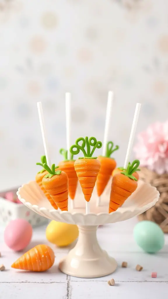 Colorful carrot cake pops displayed on a cake stand, perfect for Easter.
