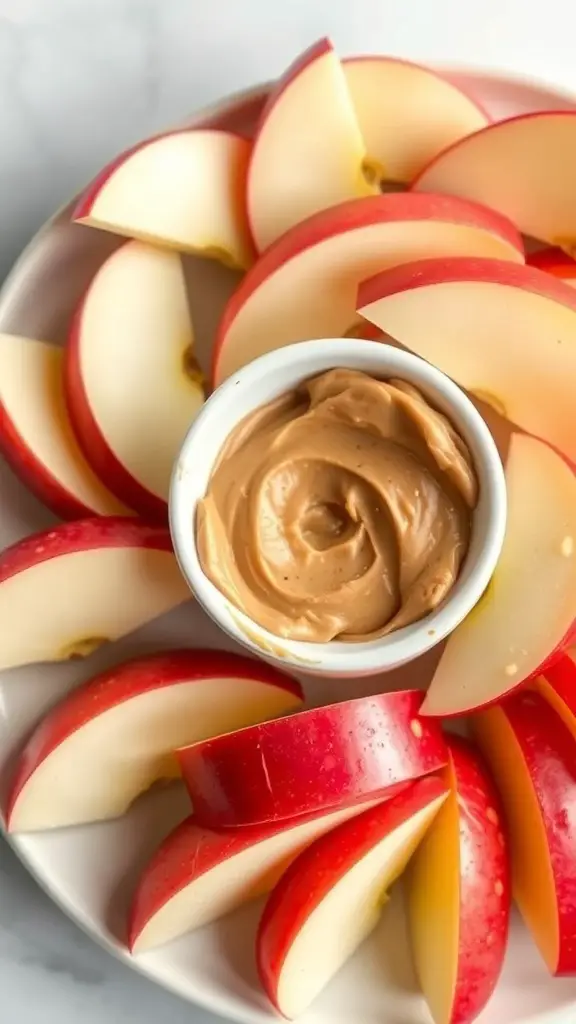 A plate of red apple slices arranged around a bowl of almond butter.