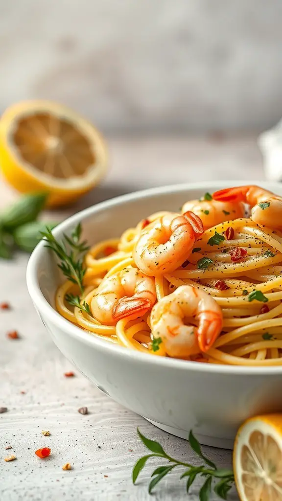 A bowl of lemon garlic shrimp pasta with spaghetti and shrimp garnished with herbs and lemon.
