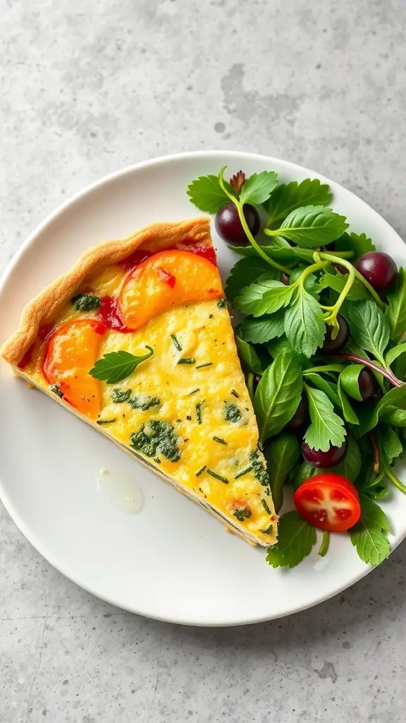A slice of Quiche Lorraine served with a fresh salad on a white plate.