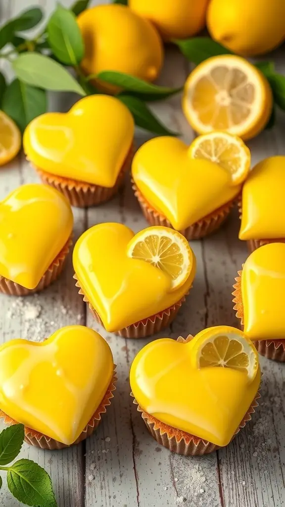 Heart shaped lemon zest cupcakes with glossy yellow glaze and lemon slices on top
