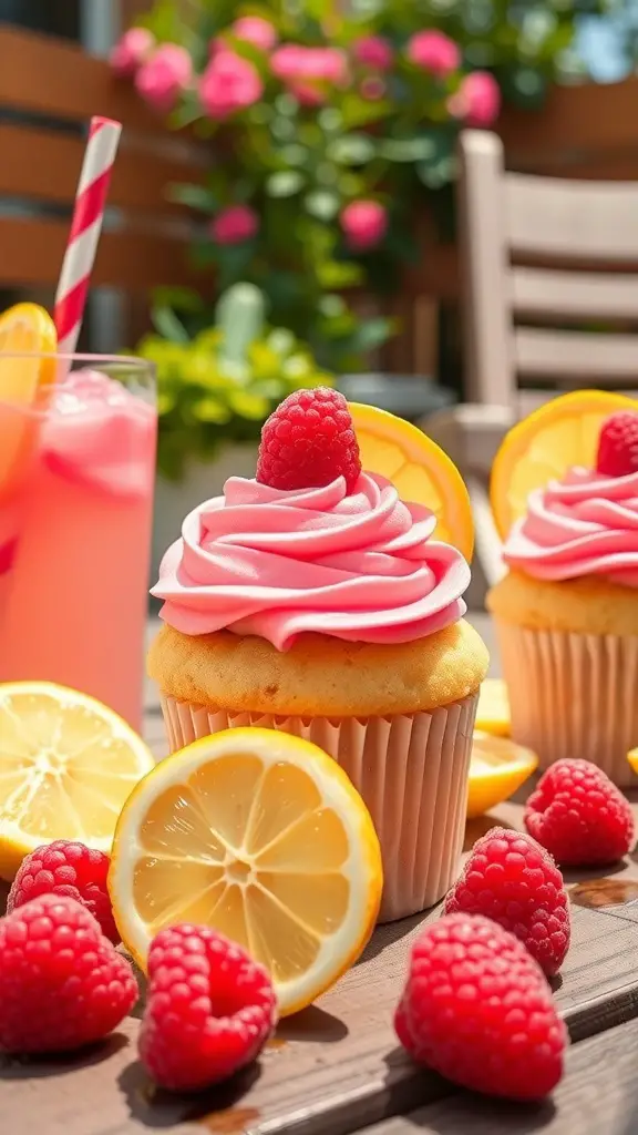 Raspberry Lemonade Cupcakes with fresh raspberries and lemon slices