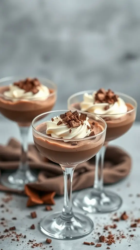 Chocolate mousse served in elegant glasses with whipped cream and chocolate shavings on top.