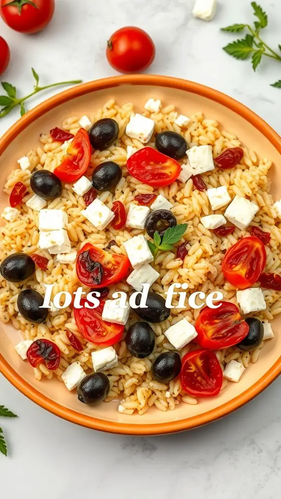 A bowl of Mediterranean Orzo Salad with feta, cherry tomatoes, and black olives.