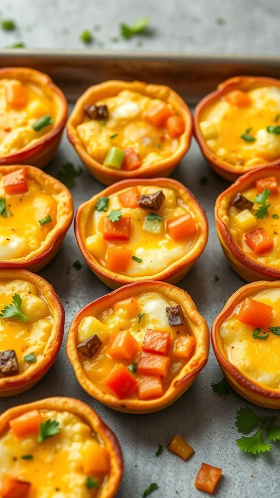 Colorful veggie and egg breakfast cups in muffin tins, showcasing a variety of diced vegetables and cheese.