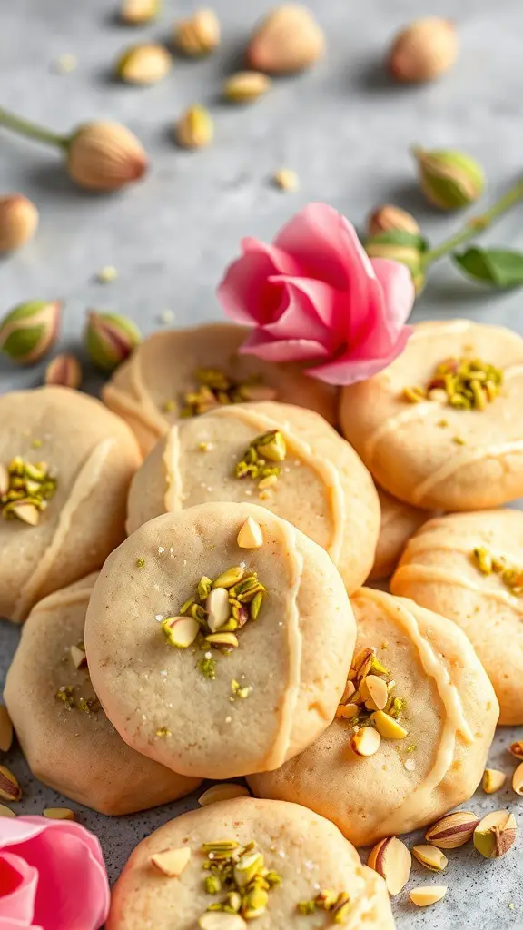 A plate of pistachio and rose water cookies garnished with crushed pistachios and surrounded by rose petals.