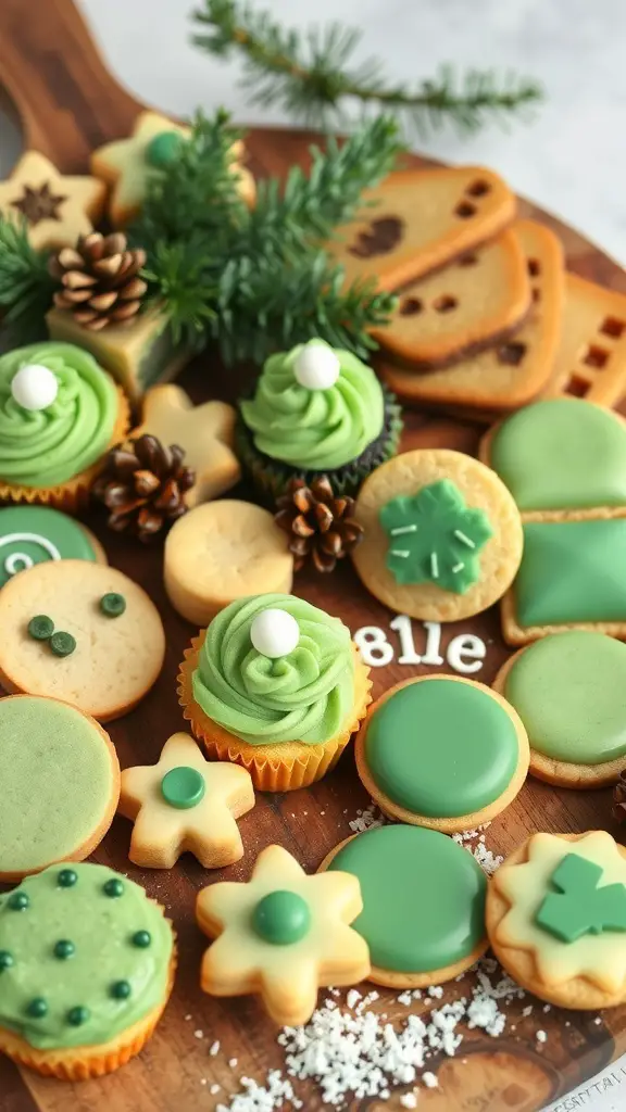 A festive display of miniature St. Patrick's Day desserts including cupcakes and cookies in green hues.