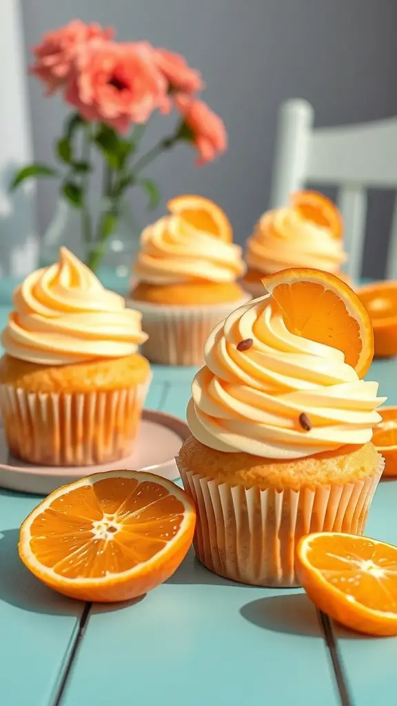 Orange Creamsicle Cupcakes with orange frosting and slices of orange on a blue table