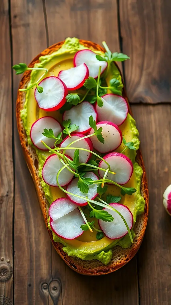 Creamy avocado toast topped with radish slices and fresh herbs on a wooden table.