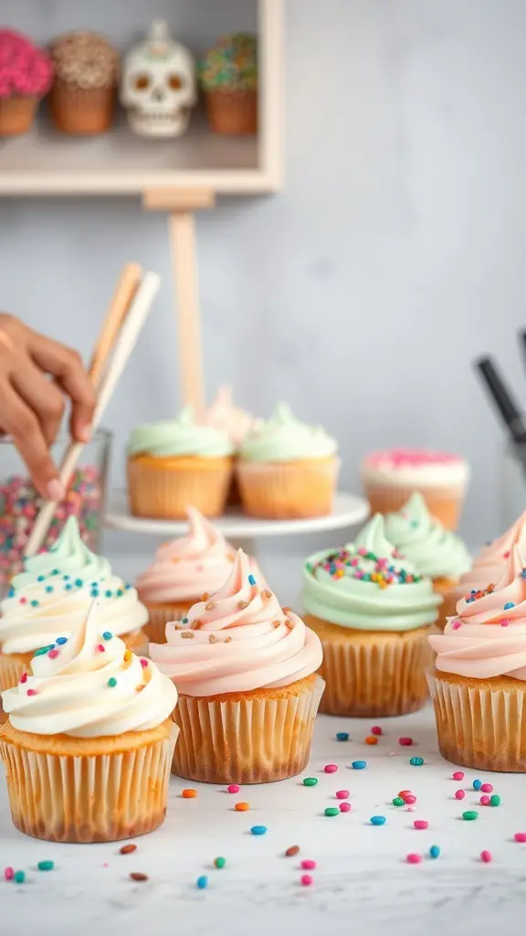 A colorful cupcake decorating station with various frosting and toppings.