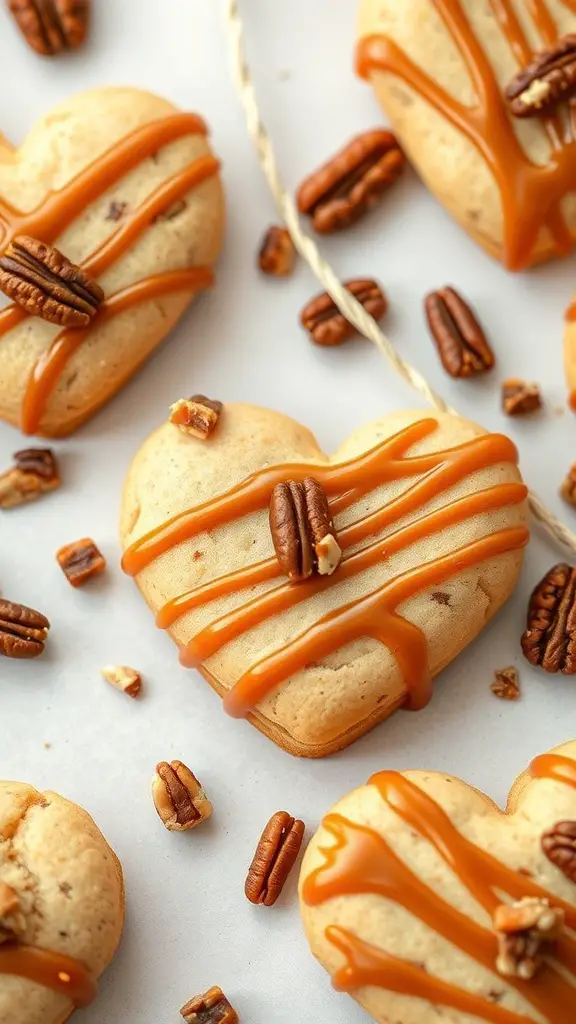 Heart-shaped cookies drizzled with caramel and topped with pecans