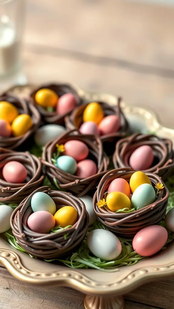 Chocolate egg nests filled with colorful chocolate eggs on a decorative plate.