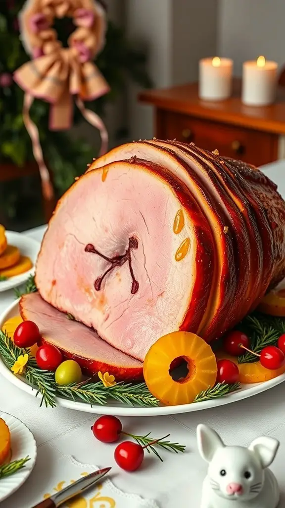 A beautifully glazed honey ham with pineapple rings, garnished with cherry tomatoes and herbs, displayed on a festive table.