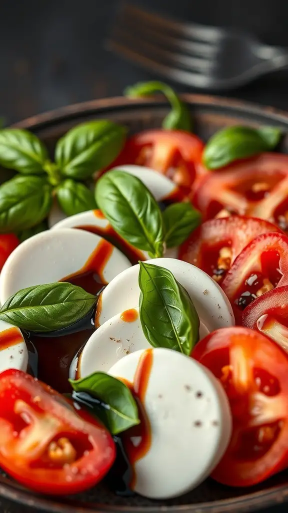 A delicious Caprese salad with mozzarella, tomatoes, basil, and balsamic glaze.