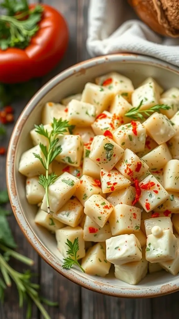 A bowl of herbed potato salad with diced potatoes, herbs, and red pepper flakes.